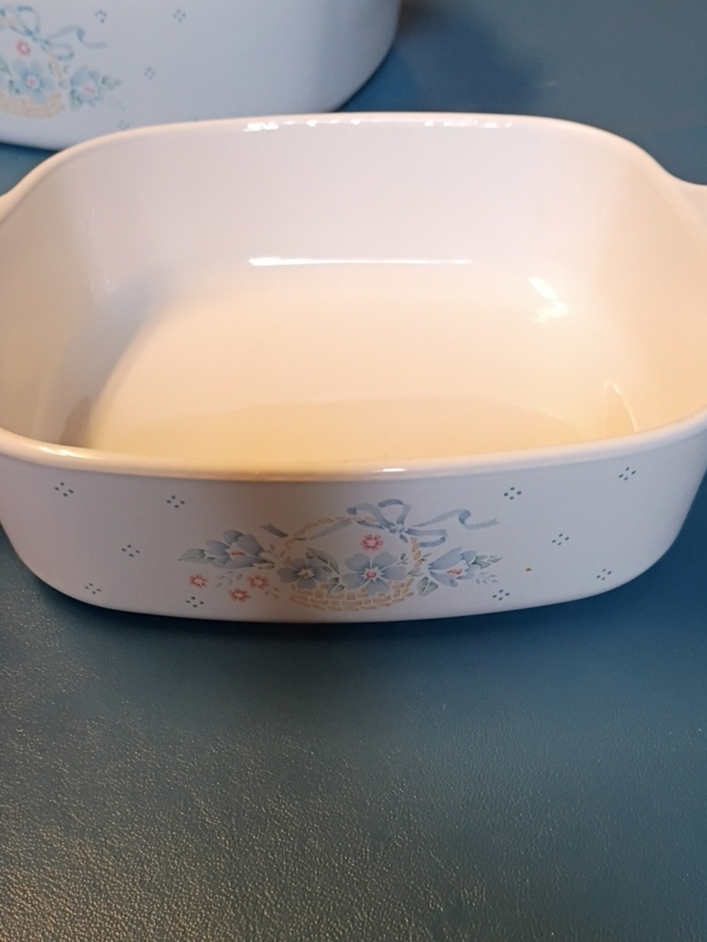 Corningware White Ceramic Baking Dish with Blue and Pink Floral Basket